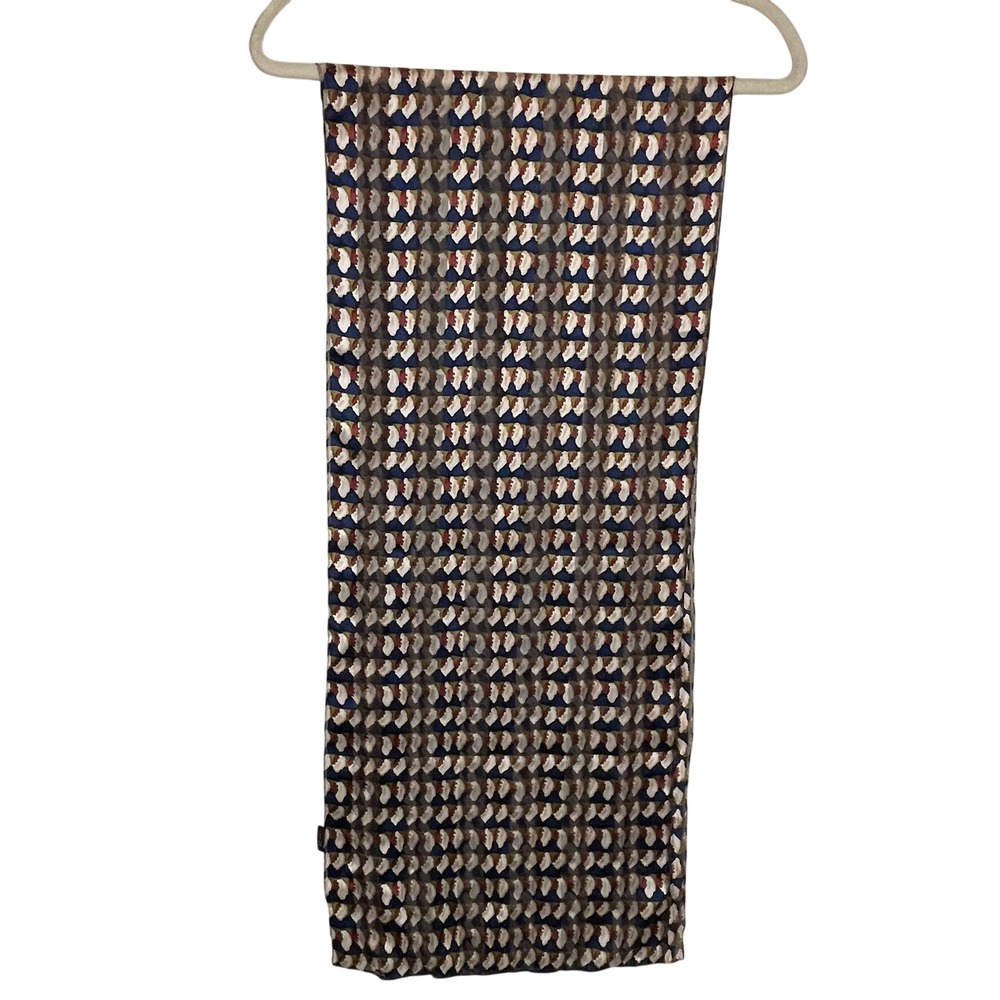 Vintage Style 100% Silk Abstract Geometric Print Scarf Navy Blue Cream 64x13 - Picture 8 of 12
